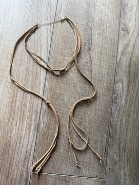 Layered Beige Cord Necklace with Gold Accents
